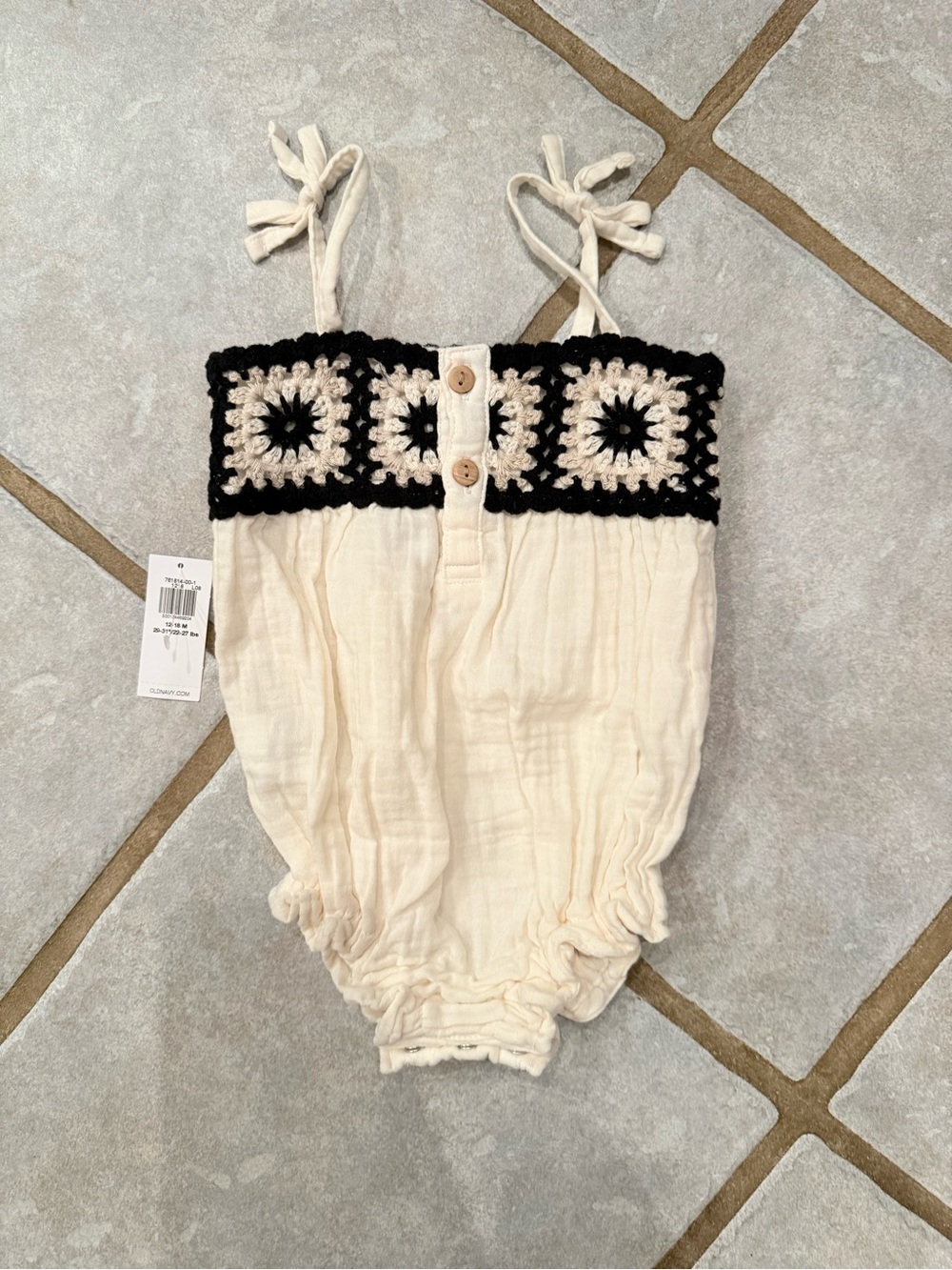 Baby Old Navy Cream and Black Crochet-Trim Gauze Romper - Picture 2 of 3
